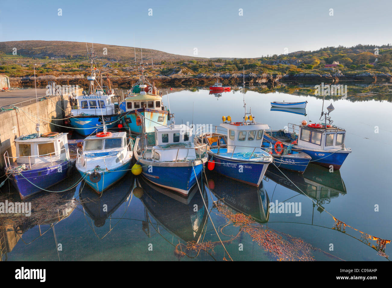 Fishing boats in Ballycrovane Harbour, Eyeries, Beara Peninsula, County Cork, Ireland, British
