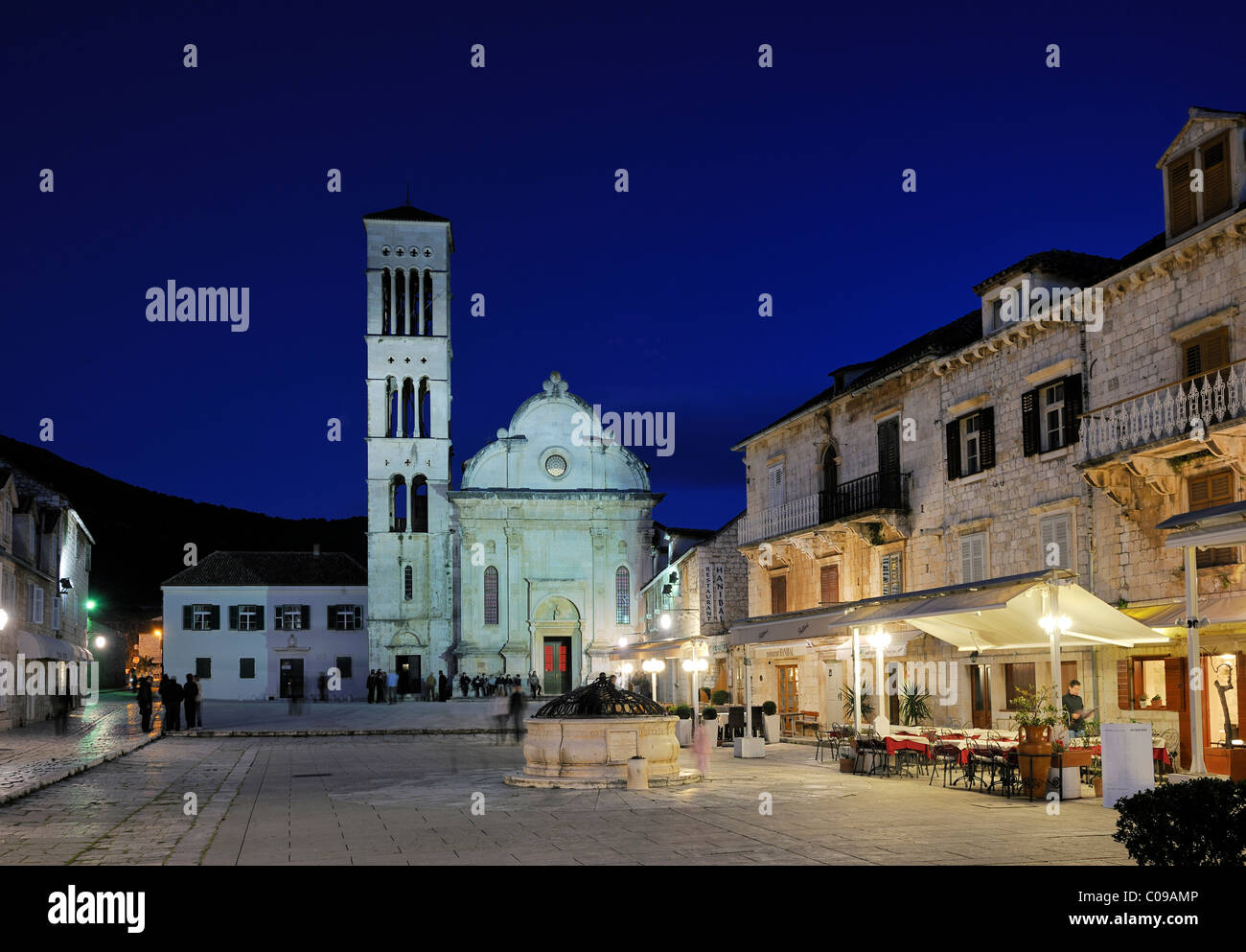 Town square with Sv. Stjepan cathedral, town of Hvar, Hvar island, Croatia, Europe Stock Photo