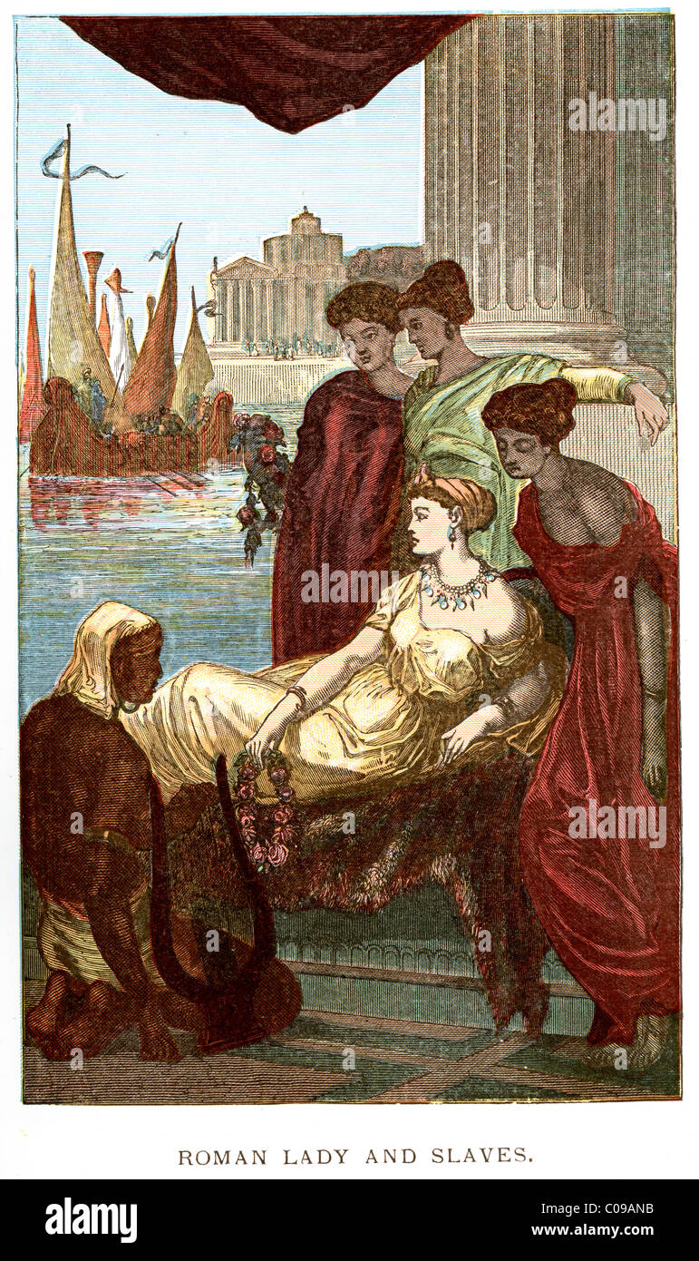 Vintage colour lithograph of a Roman lady surrounded by her slaves Stock Photo