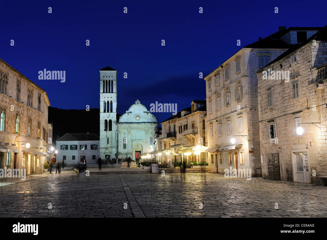 Town square with Sv. Stjepan cathedral, town of Hvar, Hvar island, Croatia, Europe Stock Photo