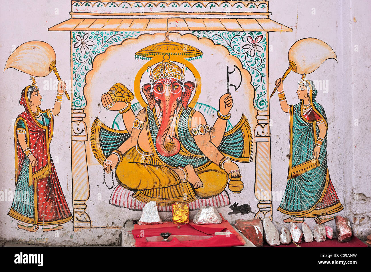 Elephant god, Ganesha, Hindu image on a small street temple, Udaipur, Rajasthan, India, Asia Stock Photo