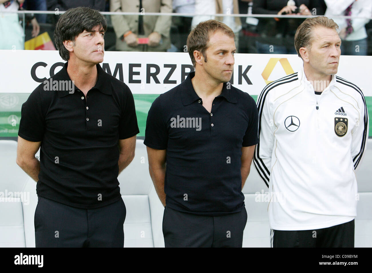 German coach Joachim 'Jogi' Loew, assistant coach Hansi Flick and goalkeeping coach Andreas Kopke Stock Photo