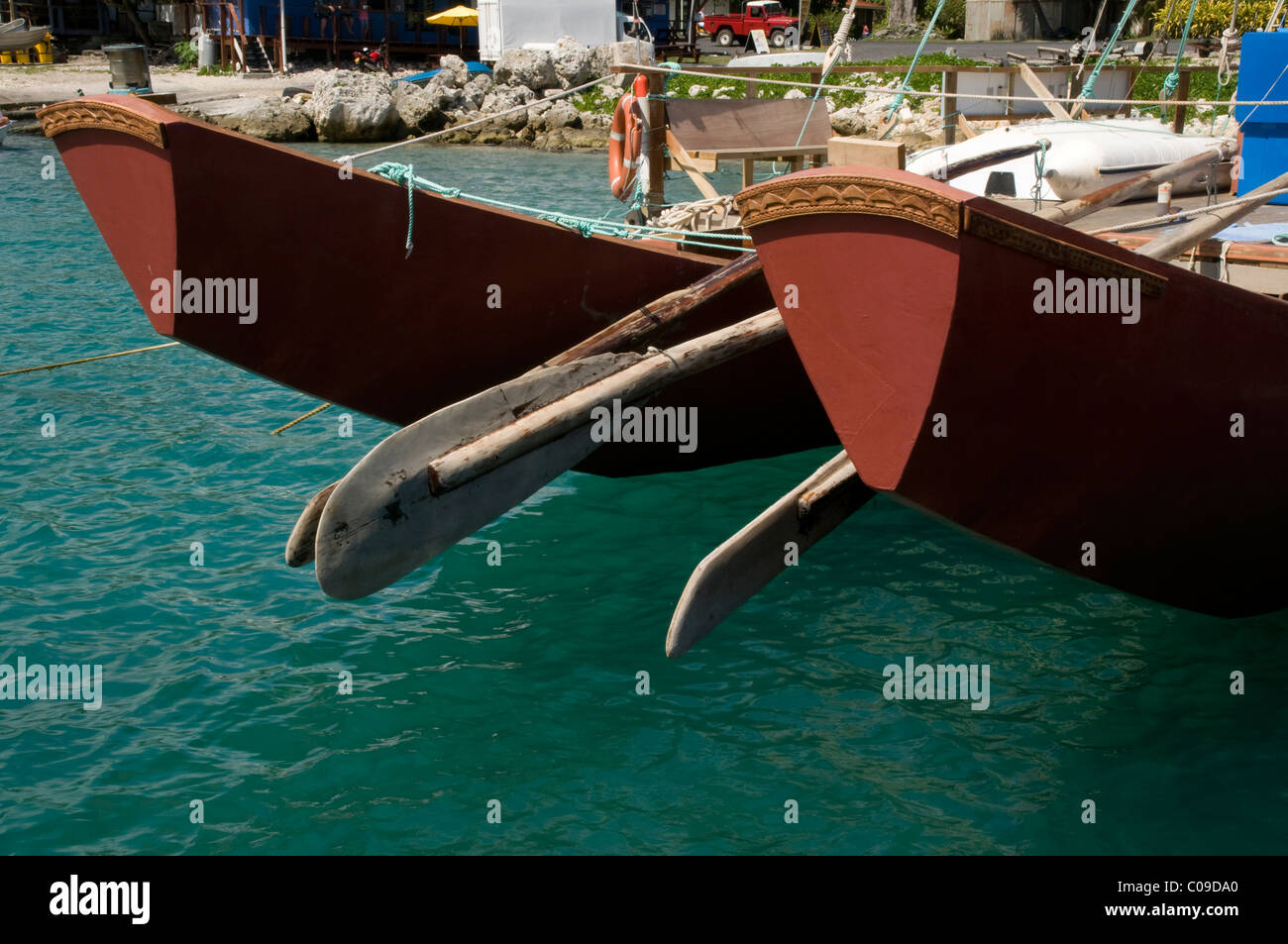 On outrigger canoes like this one Polynesians traveled all over the Pacific Ocean Stock Photo