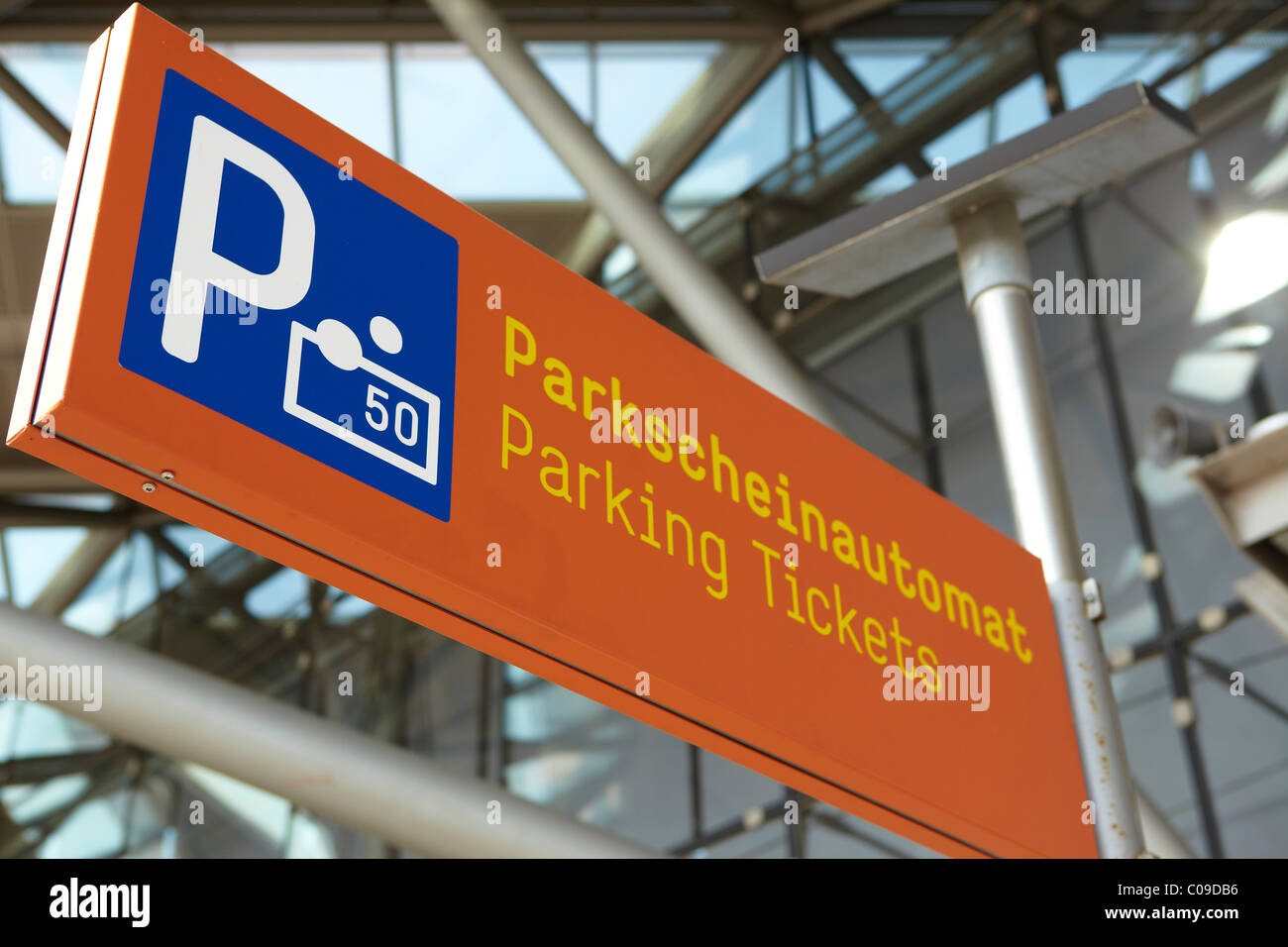 Sign Parkscheinautomat, parking meter, pay and display machine Stock Photo