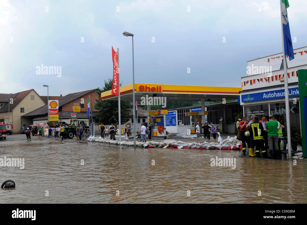 Flooding of a gas station being prevented with sandbags, Unterriexingen, Baden-Wuerttemberg, Germany, Europe Stock Photo