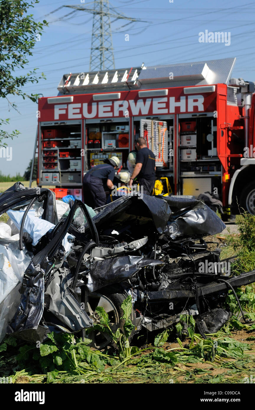 Totaled wreck of a BMW 3 after a fatal traffic accident, Markgroeningen