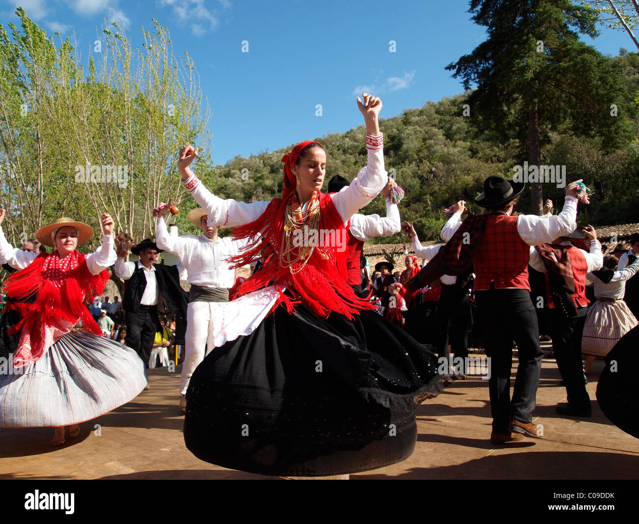 Portuguese folk dancers in traditional costume at the Festa da Fonte