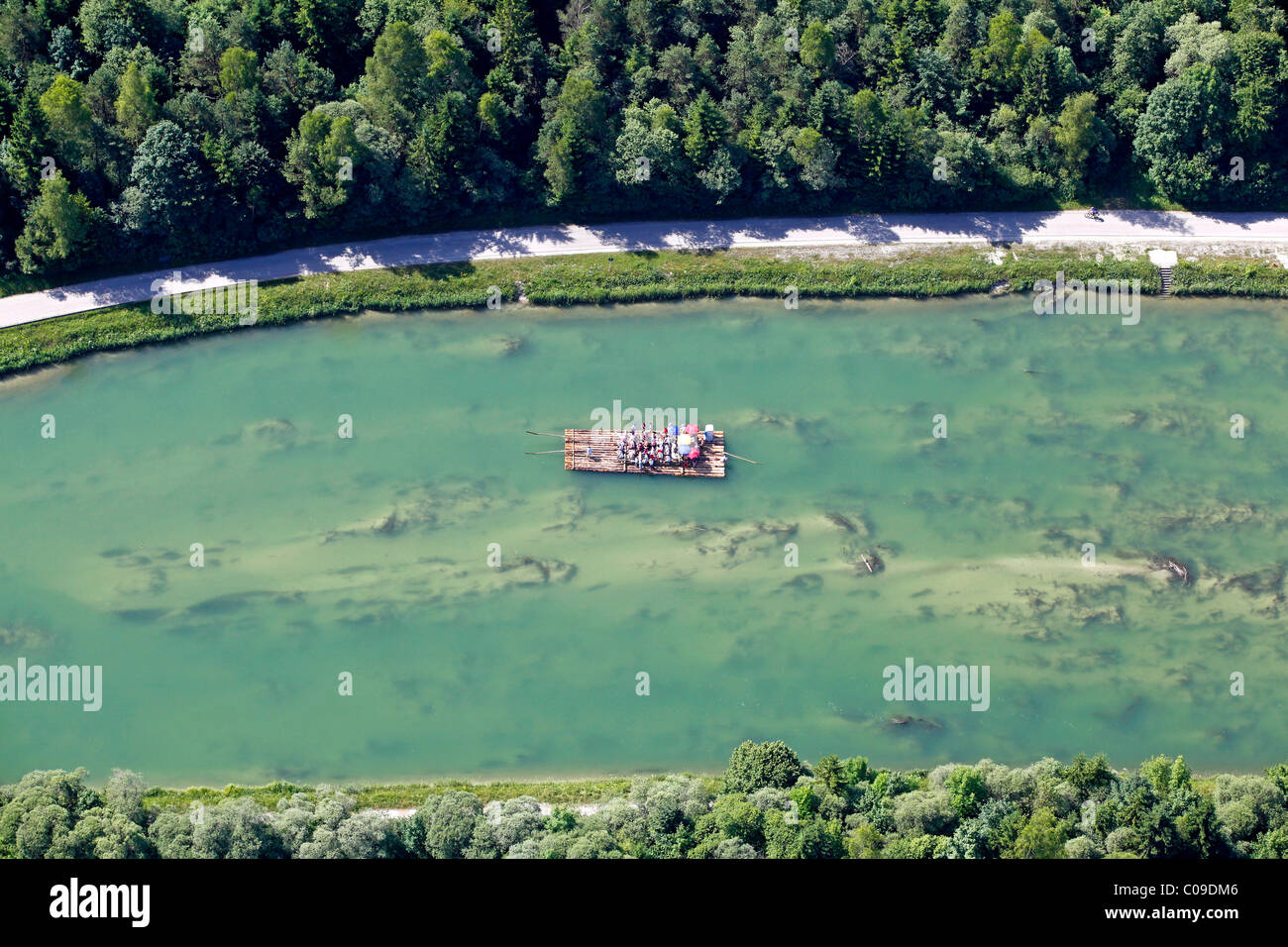Aerial view, rafting on the Isar river, here in the channel north of the Icking weir, Bavaria, Germany, Europe Stock Photo