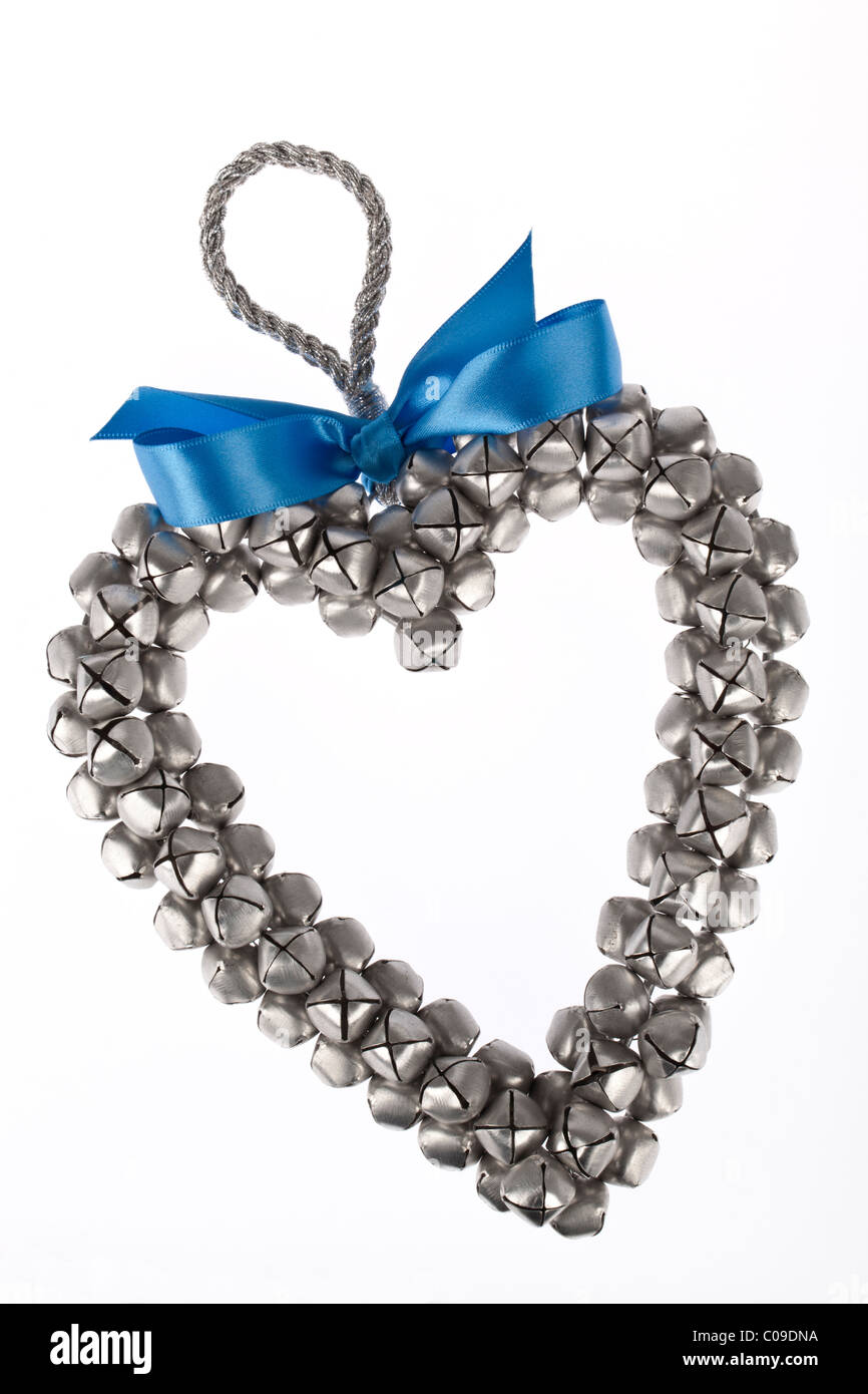 Heart shaped ring of bells with blue bow and white background Stock