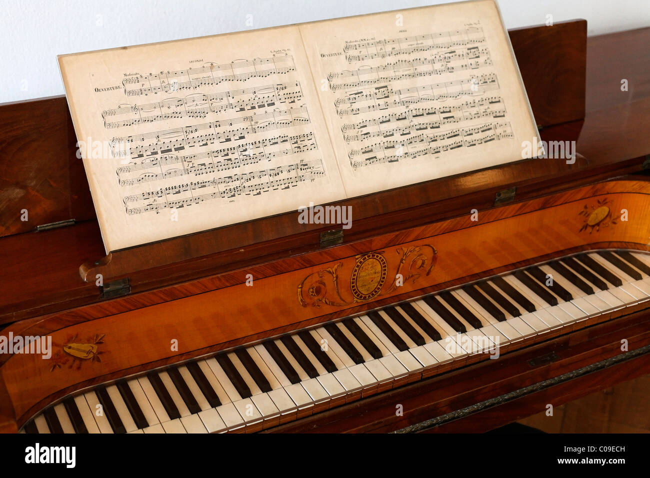 Table piano from the 19th century, with sheet music, Koekkoek-Haus museum, Kleve, Niederrhein region, North Rhine-Westphalia Stock Photo