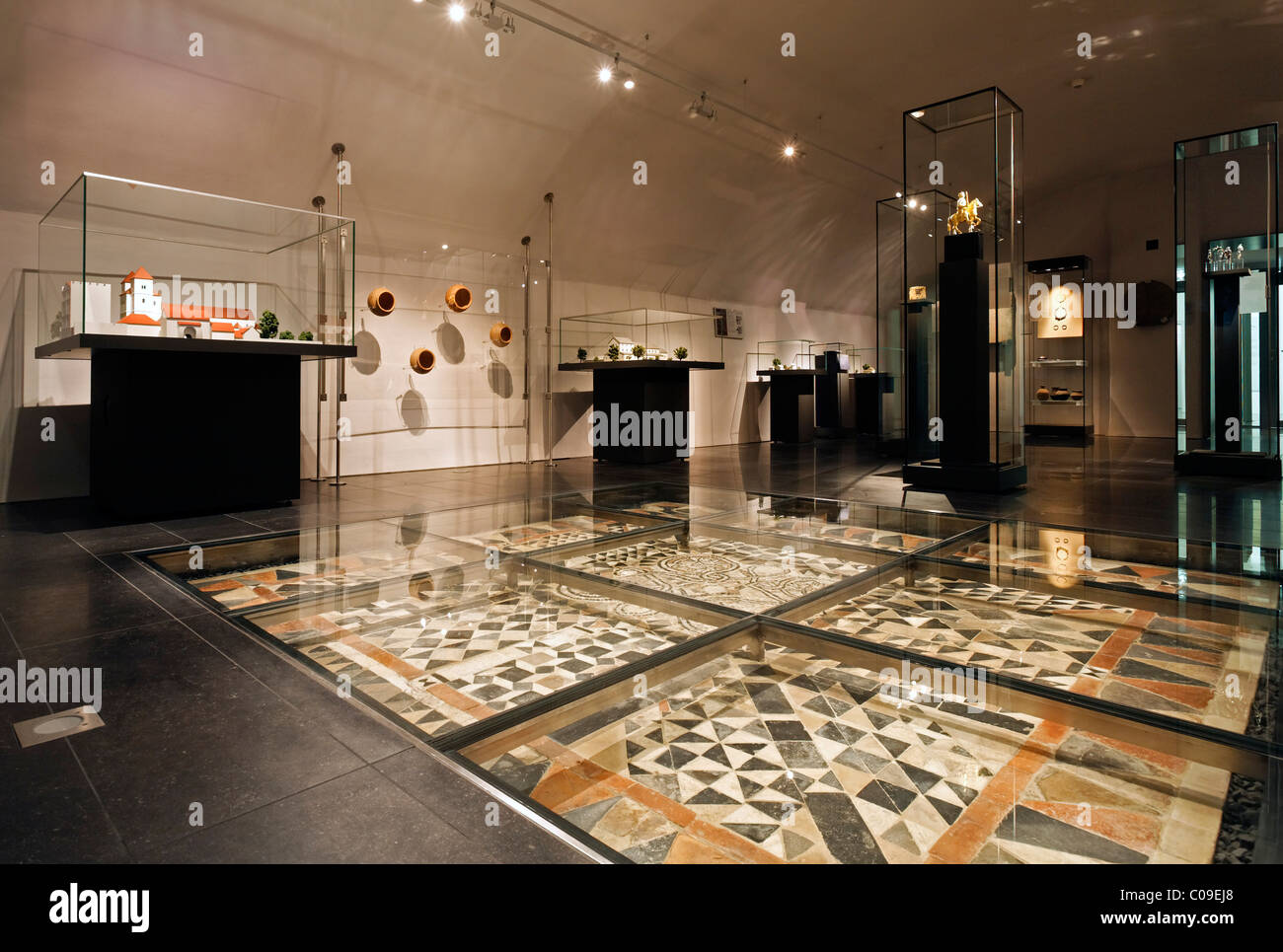Exhibition room with a medieval mosaic floor under glass, Stiftsmuseum Museum Xanten monastery museum, Xanten Stock Photo