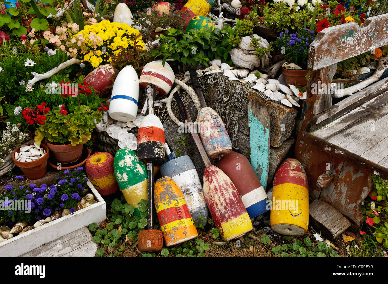 Old Lobster Buoys in New England Garden in Rockport, Massachusetts Stock Photo