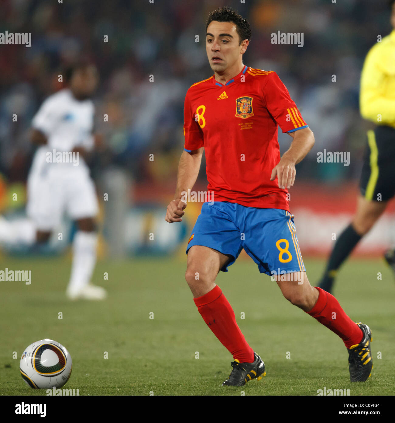 Xavi of Spain controls the ball against Honduras during a 2010 FIFA World Cup Group H match June 21, 2010 at Ellis Park Stadium. Stock Photo