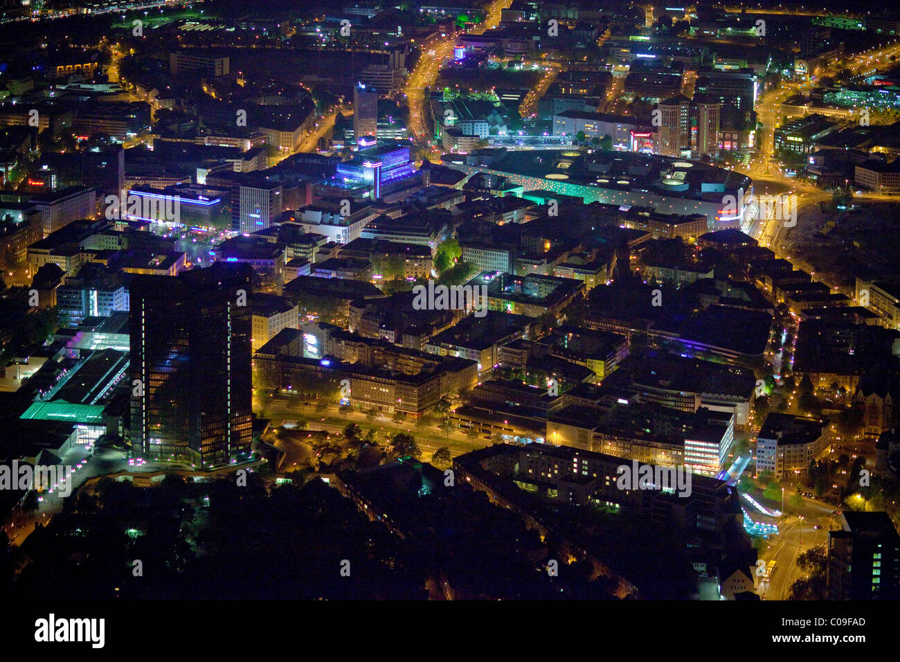 Aerial view, night shot, EVAG tram depot, Essen, Ruhrgebiet region, North Rhine-Westphalia, Germany, Europe Stock Photo