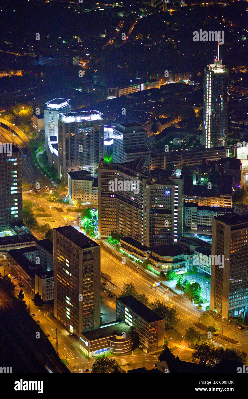 Aerial view, night shot, Evonik Industries, RWE Tower, Essen, Ruhrgebiet region, North Rhine-Westphalia, Germany, Europe Stock Photo