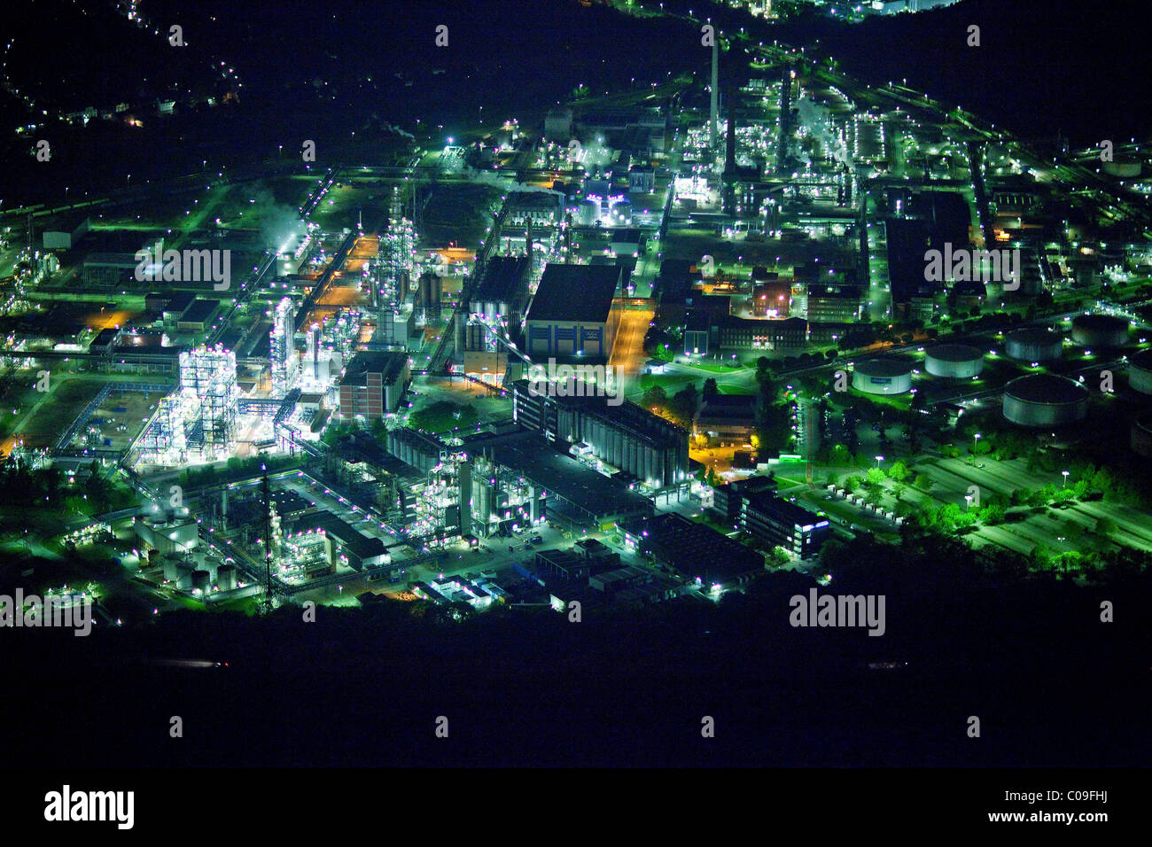 Aerial view, night shot, refinery, ARAL, BP, Gelsenkirchen, Ruhrgebiet region, North Rhine-Westphalia, Germany, Europe Stock Photo