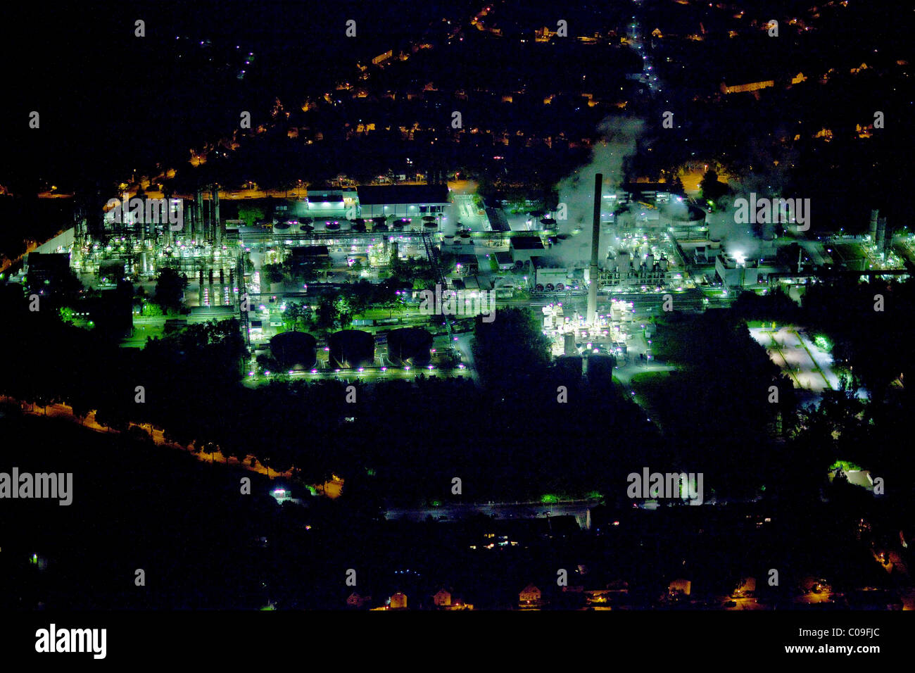 Aerial view, night shot, refinery, ARAL, BP, Gelsenkirchen, Ruhrgebiet region, North Rhine-Westphalia, Germany, Europe Stock Photo