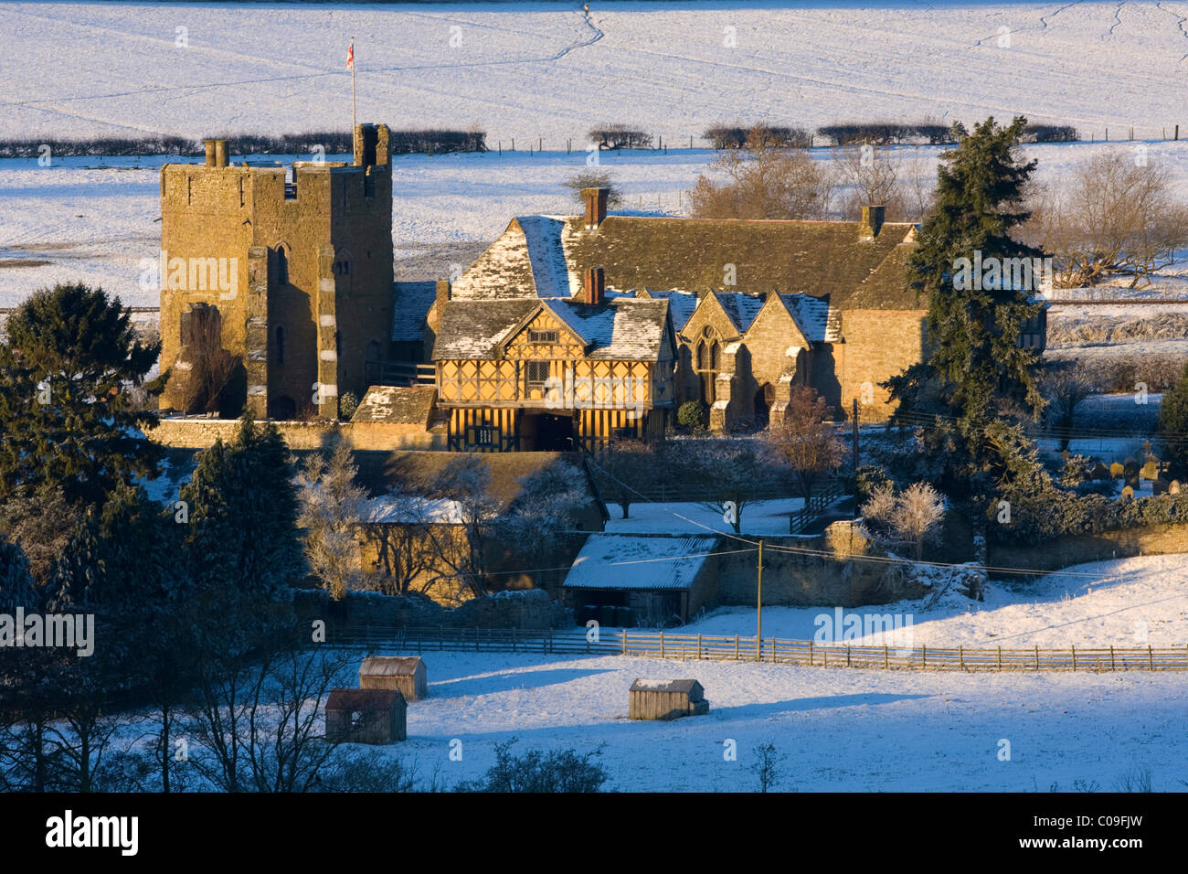 Stokesay Castle in Shropshire in the snow covered countryside Stock Photo