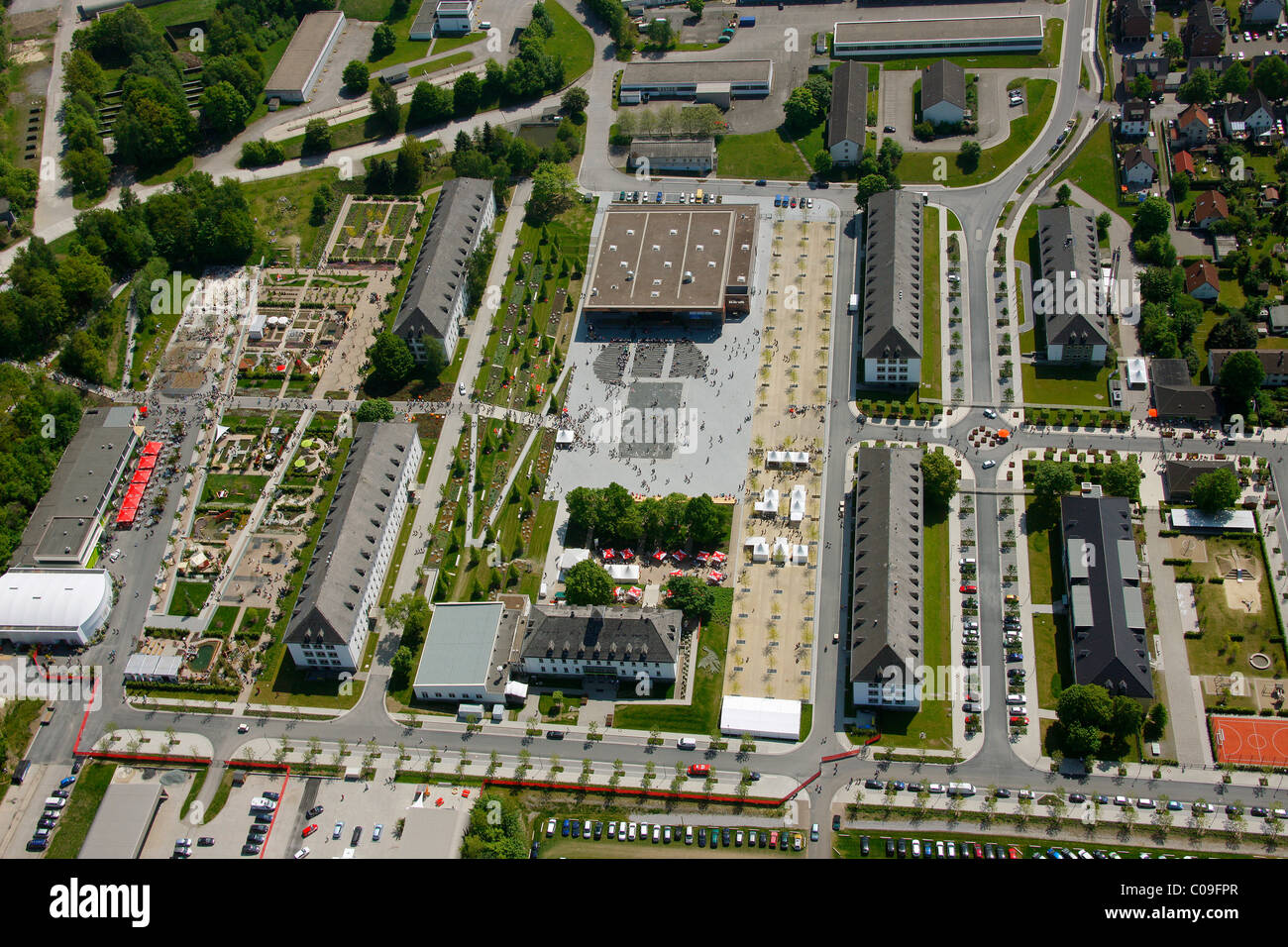 Aerial view, Landesgartenschau Country Garden Exhibition Hemer, Maerkischer Kreis district, Sauerland region Stock Photo