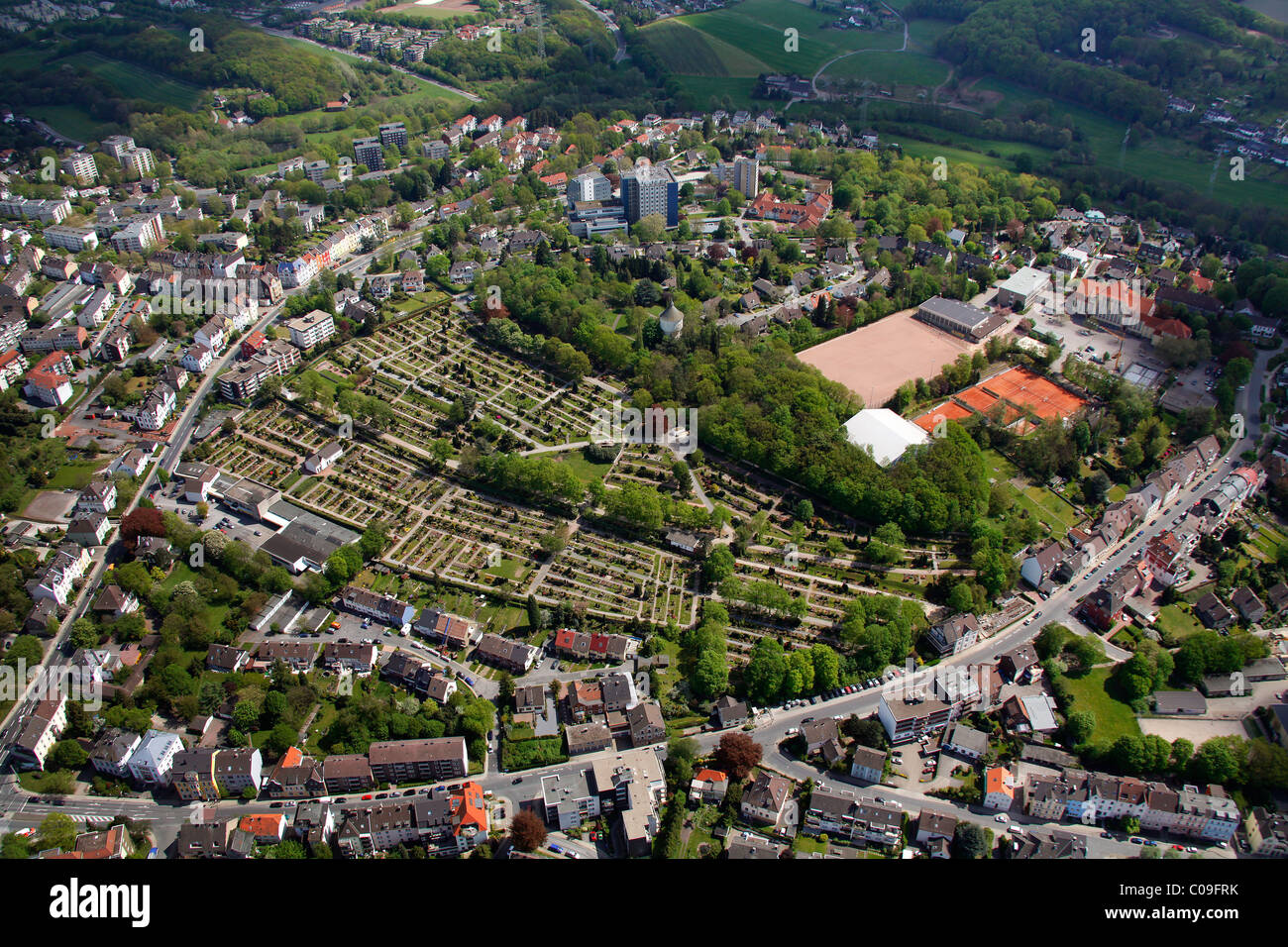 Aerial view, protestant cemetery, Hattingen, Ruhrgebiet region, North Rhine-Westphalia, Germany, Europe Stock Photo