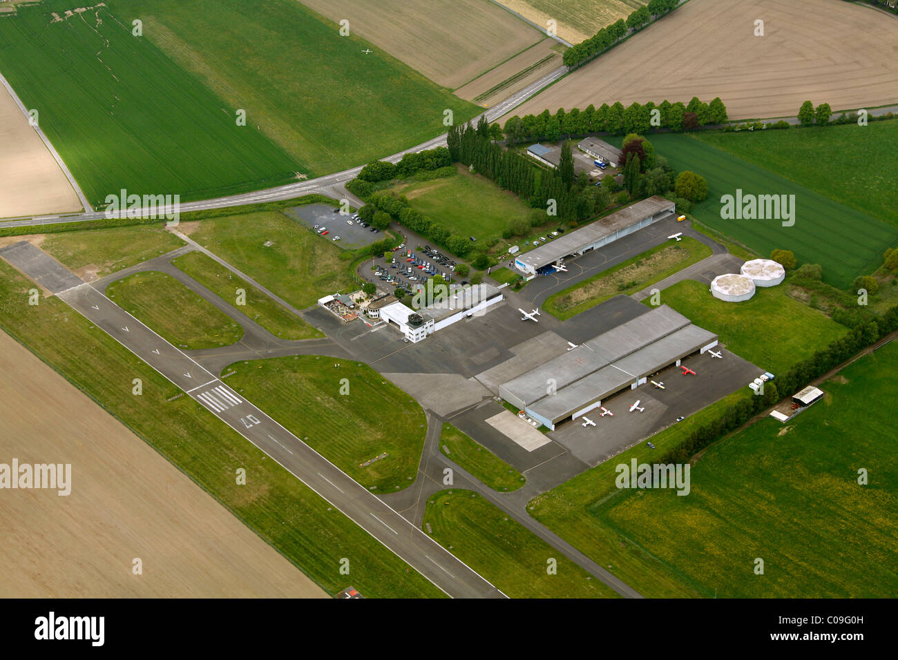 Aerial view, airplane hangar, General Aviation airfield, airfield runway EDLM Marl, Marl, Ruhrgebiet region Stock Photo