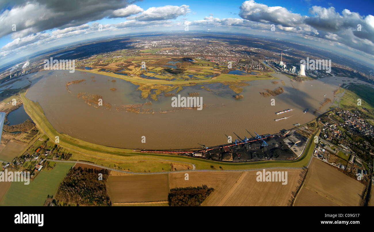 Aerial view, fisheye, river Rhein bend with high water in Walsum, Duisburg, Niederrhein region, Ruhrgebiet region Stock Photo