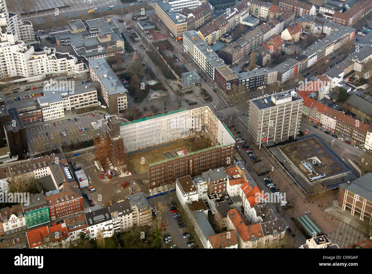Aerial view, gutting of the Hans-Sachs-Haus, rebuilding of the town hall, Gelsenkirchen, Ruhrgebiet region Stock Photo