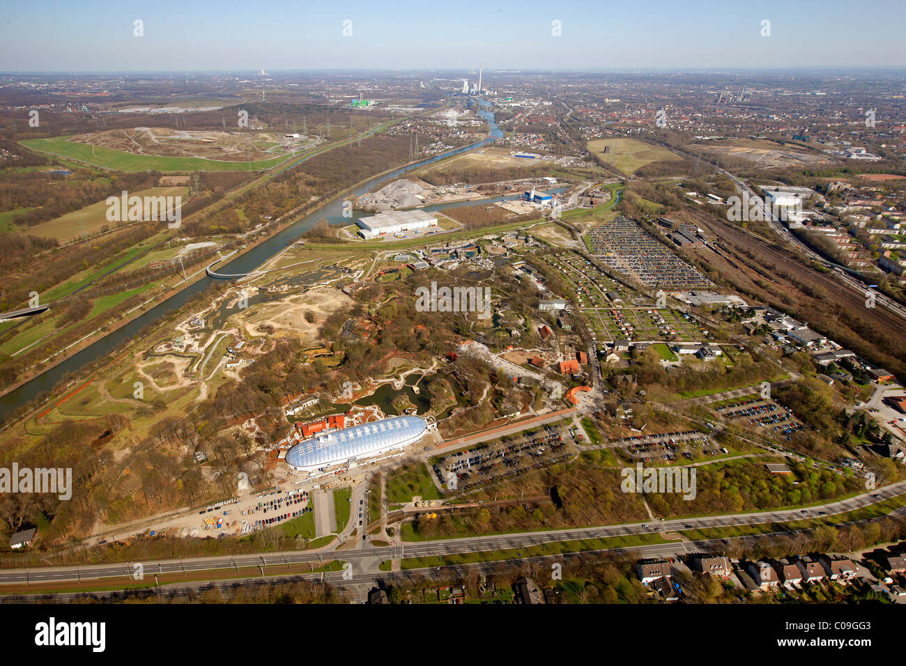 Aerial view, zoo, Zoom Erlebniswelt animal theme park, Holderlinstrasse 72, Gelsenkirchen, Ruhrgebiet region Stock Photo