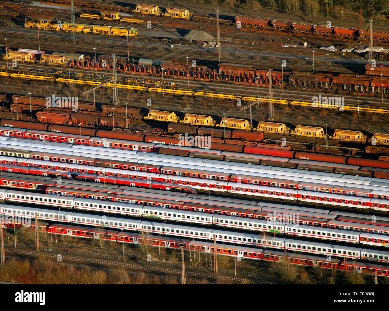 Aerial view, freight trains, freight terminal, Hamm, Ruhrgebiet region, North Rhine-Westphalia, Germany, Europe Stock Photo