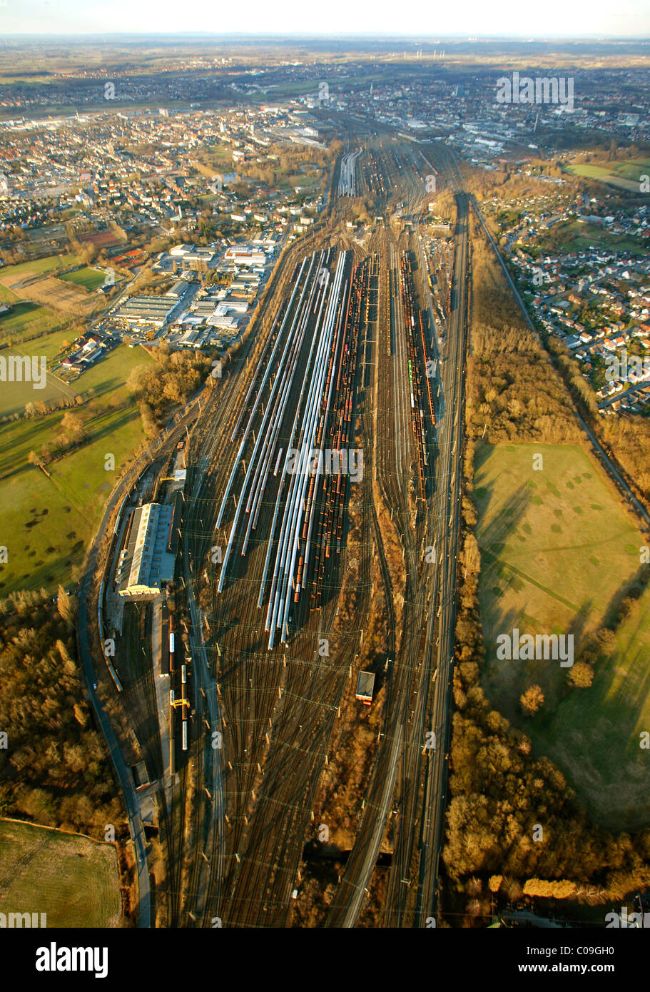 Aerial view, freight terminal, Hamm, Ruhrgebiet region, North Rhine-Westphalia, Germany, Europe Stock Photo