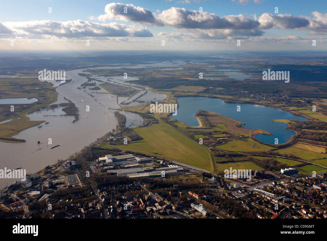Aerial view, draining off high water, Rhine flood, Kartaeuser Gravinsel island, Wesel, Niederrhein region, Ruhrgebiet region Stock Photo