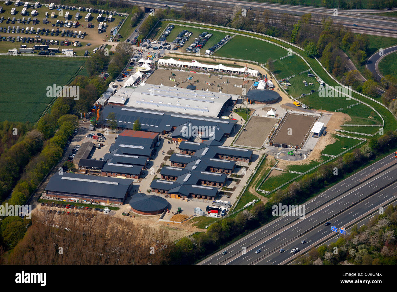 Aerial view, horse show, equestrian facility Reiterhof Massener Heide, Unna, Ruhrgebiet region, North Rhine-Westphalia Stock Photo