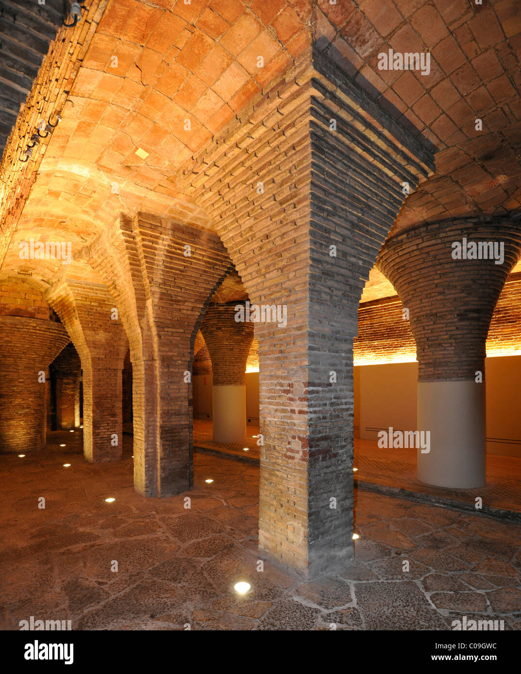 Interior view, Byzantine vaulted cellar, brick arches, townhouse Palau Gueell, designed by Antoni Gaudi Stock Photo