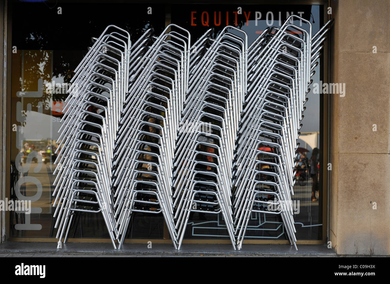 Stacked chairs in a restaurant, Barcelona, Catalonia, Spain, Europe