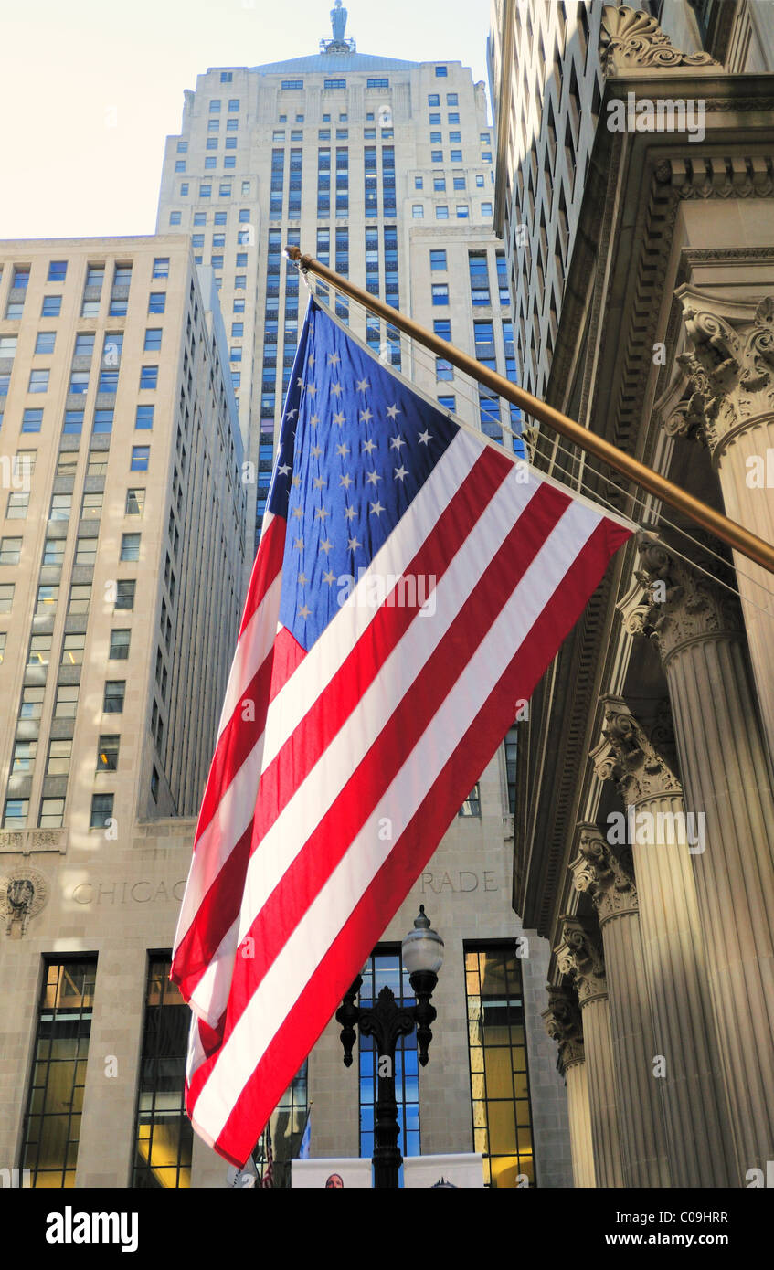 One of many flags that flank the walls on the LaSalle Street financial canyon leading to the Chicago Board of Trade Building Chicago, Illinois, USA. Stock Photo