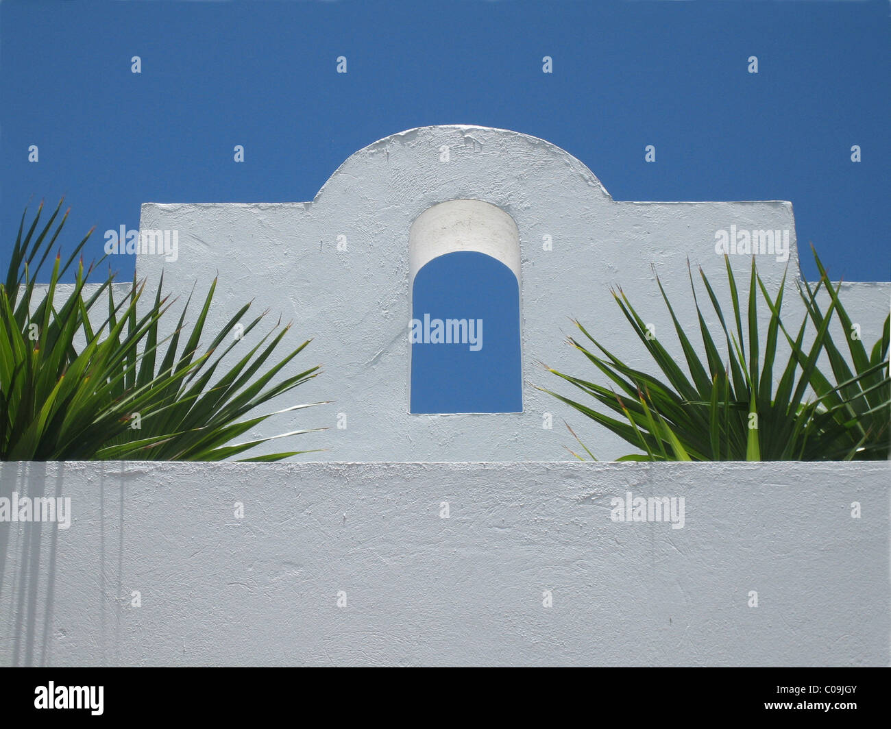 Moorish Architecture, white arch against blue sky, palm fronds Stock Photo