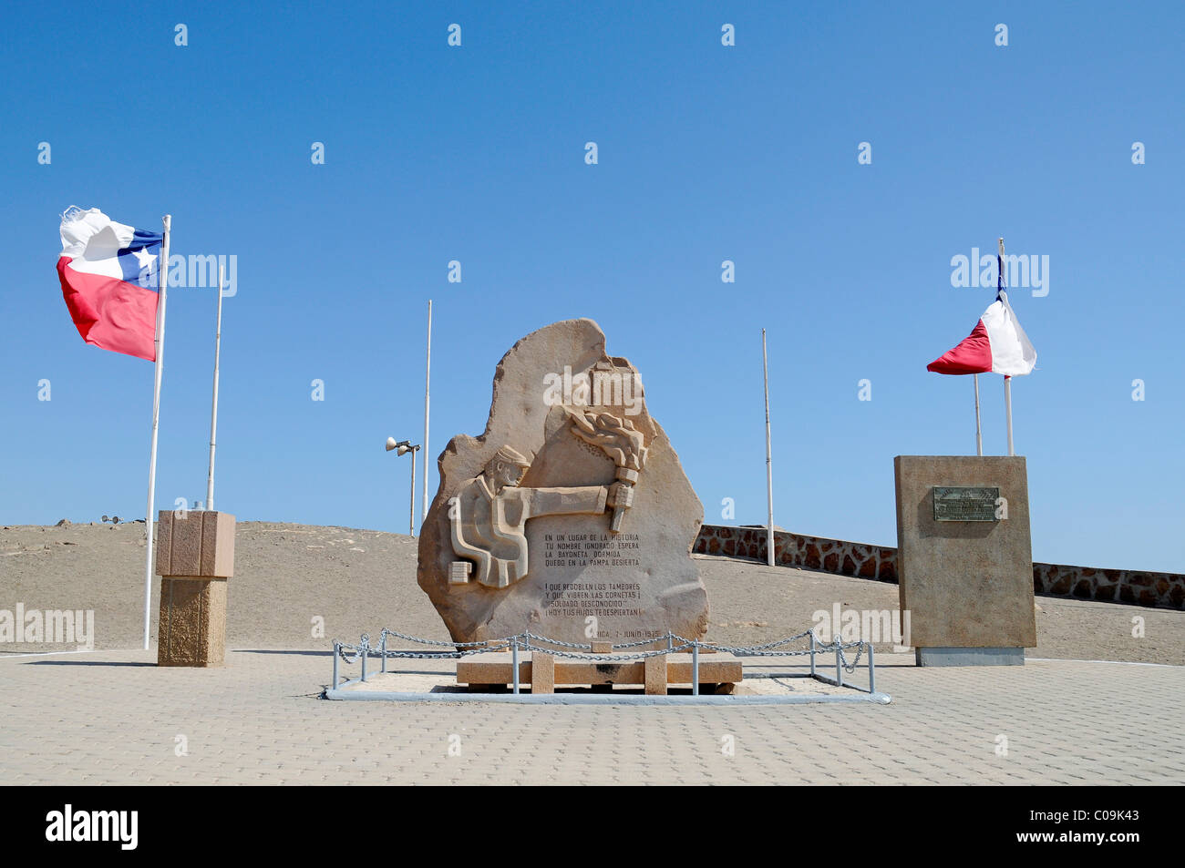 Chilean flag, monument, El Morro, mountain, landmark, theater of war, War of the Pacific, Arica, Norte Grande, North Chile Stock Photo