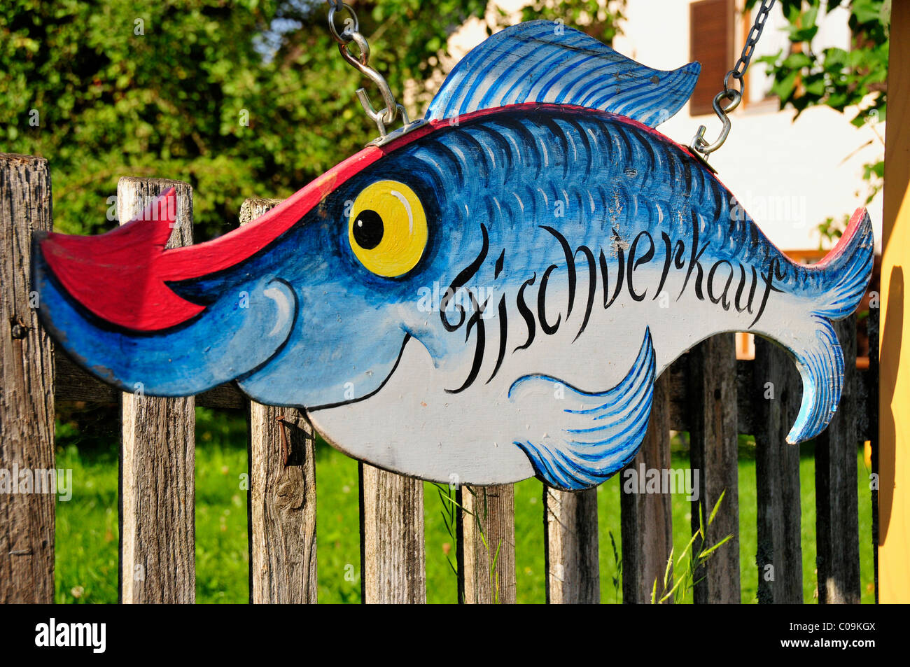 Sign, Fischverkauf, German for fish for sale, at a fish restaurant on Fraueninsel, Women's Island, Lake Chiemsee, Chiemgau Stock Photo