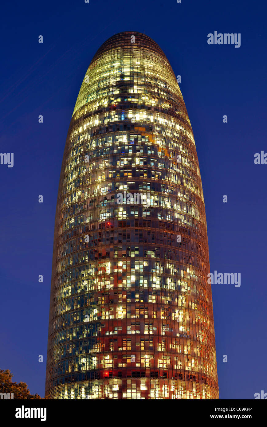 Night shot, Torre Agbar office tower, Barcelona, Catalonia, Spain, Europe Stock Photo