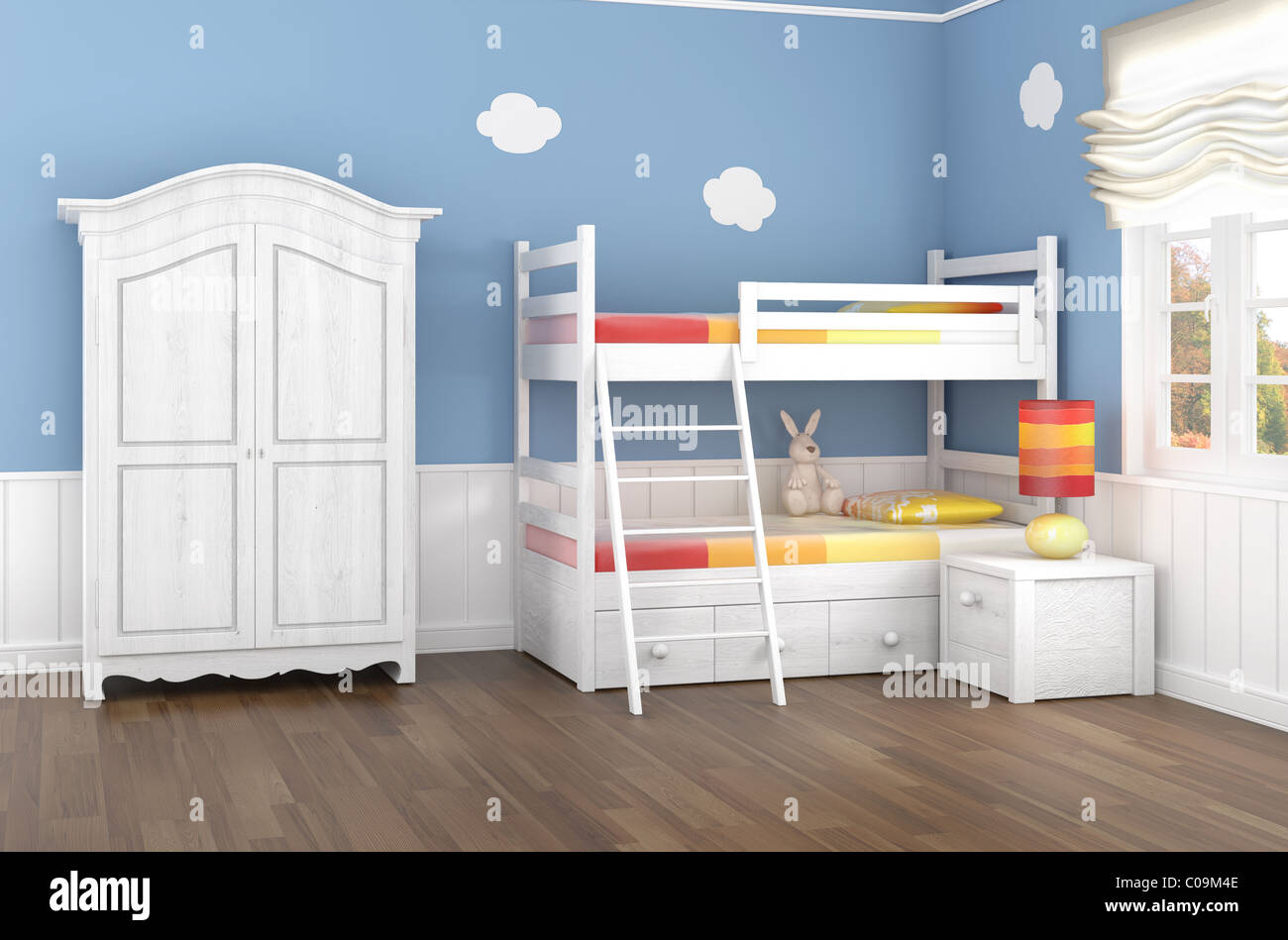 Children S Bedroom In Blue Walls With Bunk Bed And Wardrobe Stock