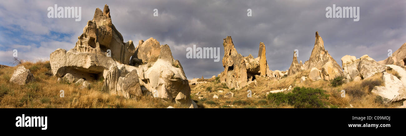 Panorama, Tufa landscape with cave dwellings, Goreme, Cappadocia, Anatolia, Turkey, Asia Stock Photo