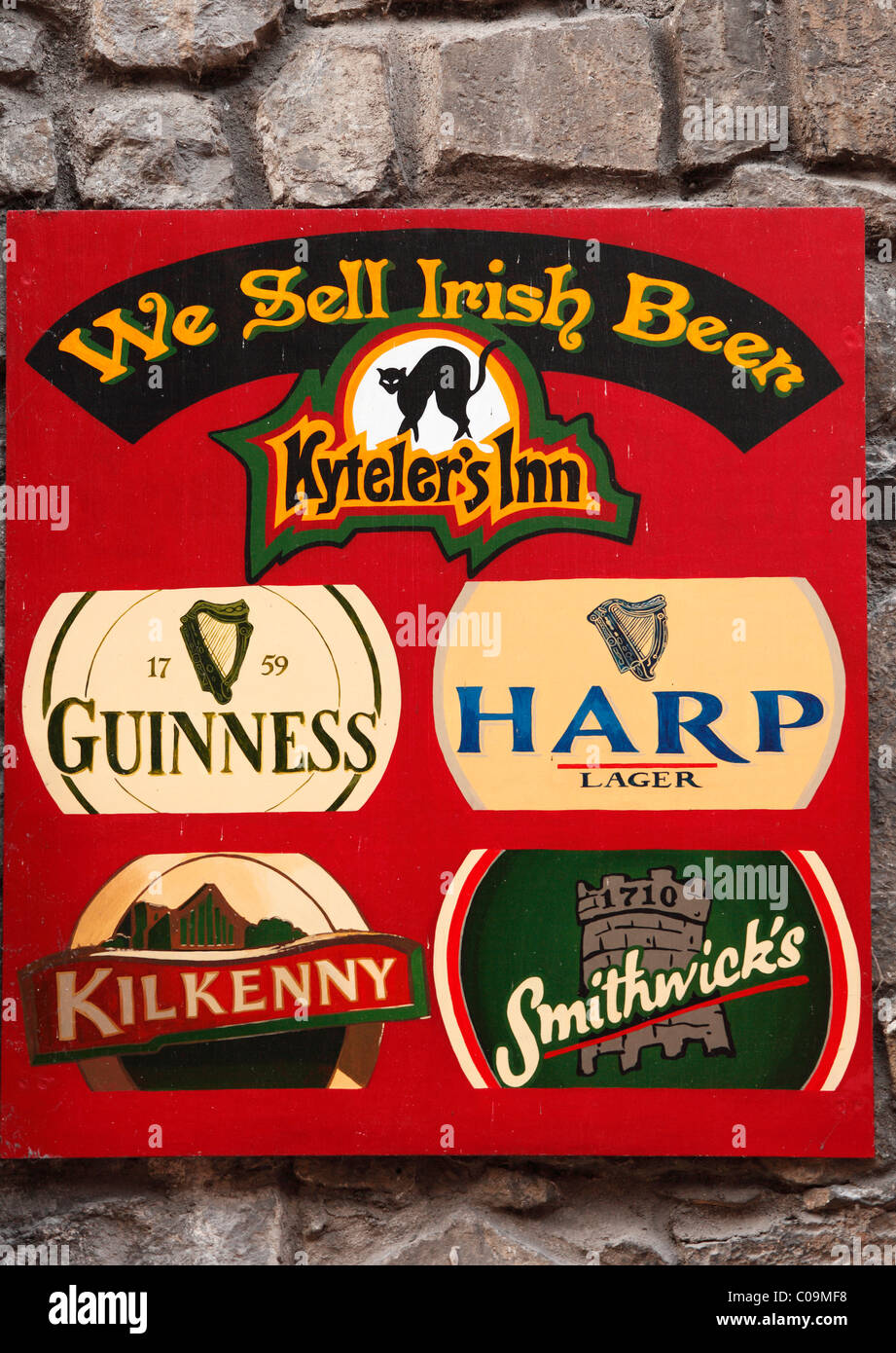 Plaque with brands of Irish beer, restaurant and pub, Kyteler's Inn, Kilkenny, County Kilkenny, Ireland, British Isles, Europe Stock Photo