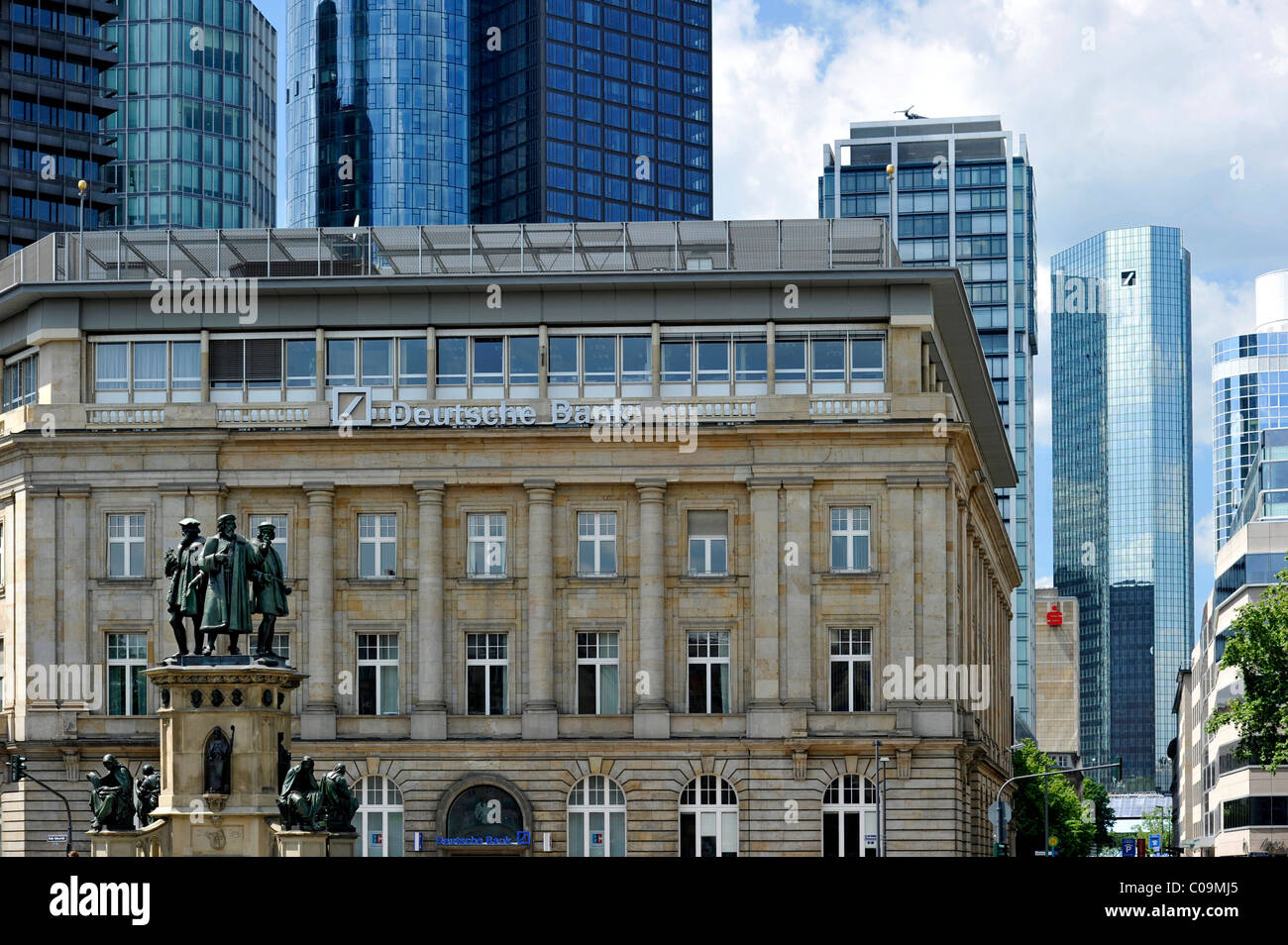 Johannes Gutenberg monument, branch of the Deutsche Bank German bank, and skyscraper headquarters of the Deutsche Bank in the Stock Photo