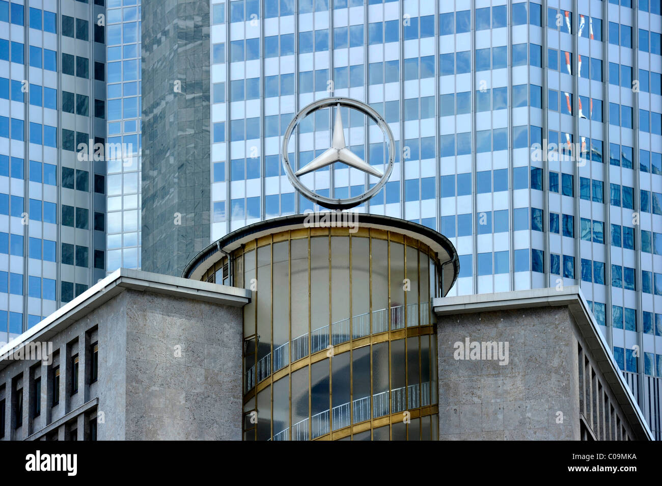Mercedes star, former car park at the Kaiserplatz, facade of the European Central Bank ECB, Financial District Stock Photo