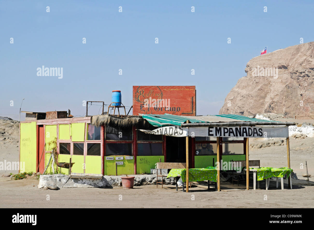 Small restaurant, Atacama Desert, El Morro, mountain, Arica, Norte Grande, northern Chile, Chile, South America Stock Photo