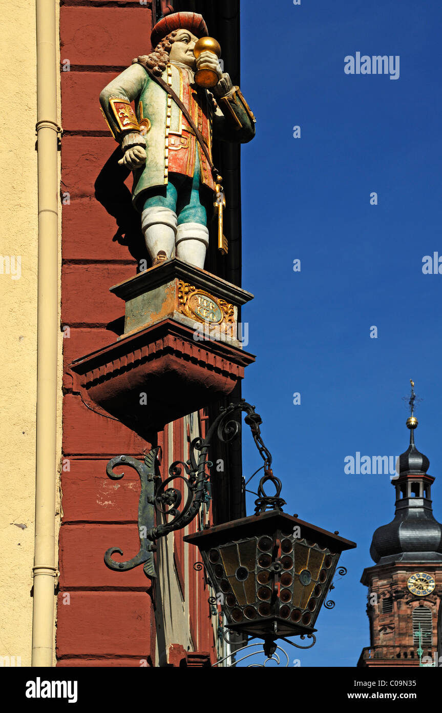 Figure of the restaurant Perkeo, on the right tower of the Heiliggeistkirche Holy Ghost Church, Hauptstrasse 127, Heidelberg Stock Photo