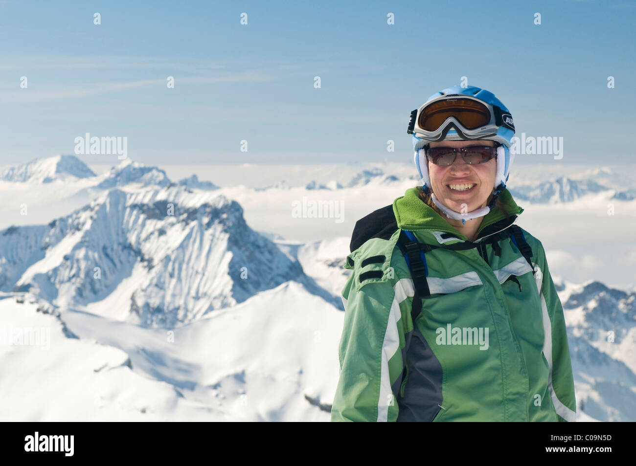 Skier at Schilthorn mountain, Muerren, Switzerland, Europe Stock Photo