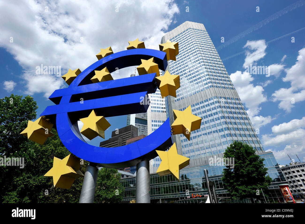 Euro sign, European Central Bank, ECB, Willy-Brandt-Platz square, financial district, Frankfurt am Main, Hesse, Germany, Europe Stock Photo