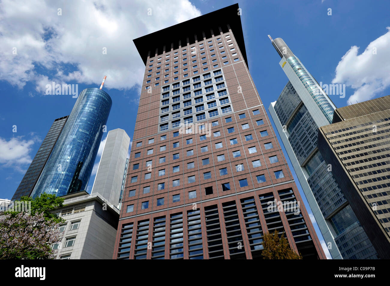 Main Tower, Garden Towers, Japan Center, Commerzbank headquarters, Financial District, Frankfurt am Main, Hesse, Germany, Europe Stock Photo