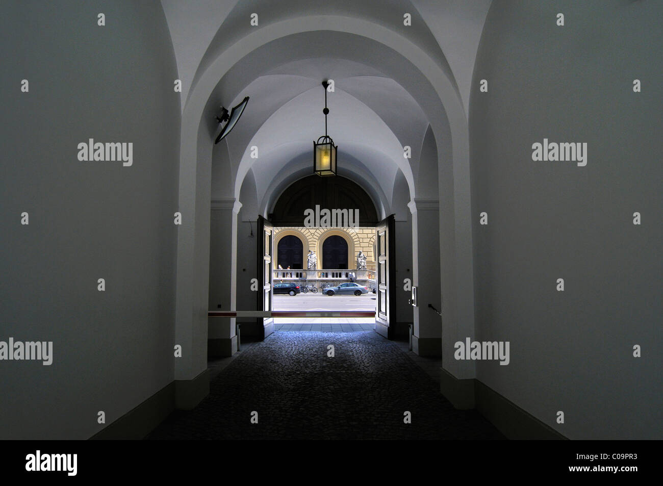 View through arch on the Staatsbliothek state library, Munich, Bavaria, Germany, Europe Stock Photo